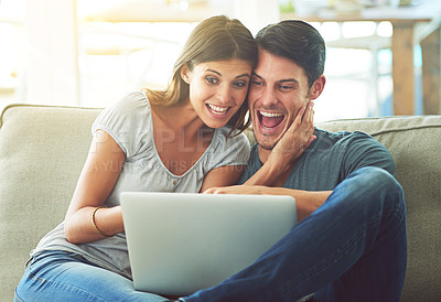 Buy stock photo Excited couple, laptop and sofa with hug for good news, winning or giveaway in living room at home. Happy man and woman with smile on computer in celebration for promotion, deal or discount at house