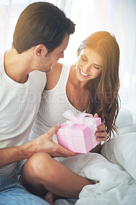 Buy stock photo Man giving woman gift box, love and happy with partnership, relationship and celebration on Valentines day date. Couple smile with present, luxury and commitment, gratitude and celebrate holiday