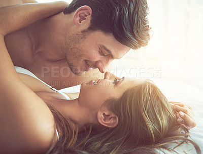 Buy stock photo Love, face profile and bedroom couple relax for morning peace, calm and quality time together in Toronto Canada. Eye contact, romantic vacation and people bond on hotel bed for Valentines Day holiday