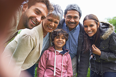 Buy stock photo Selfie, smile and faces of a big family in nature on an outdoor adventure, travel together in portrait. Happy, love and boy child taking picture with grandparents and parents on holiday or vacation