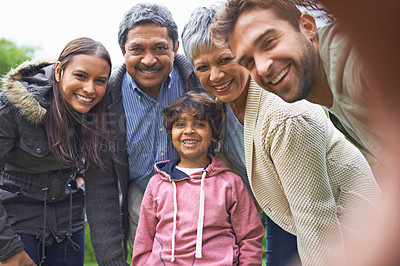 Buy stock photo Selfie, nature and portrait of happy big family faces on an outdoor adventure and travel together. Love, smile and boy child taking picture with his grandparents and parents on holiday or vacation.