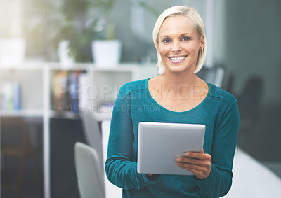 Buy stock photo Portrait, office and woman with smile, tablet and opportunity in HR consulting business career. Face, workplace and happy businesswoman with digital app at human resources agency with online report