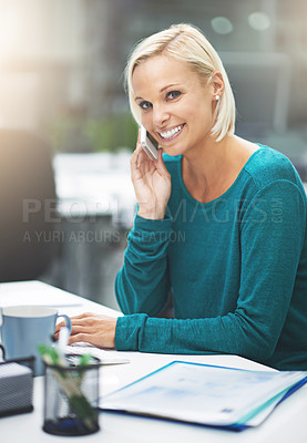 Buy stock photo Woman, cell phone call and portrait in office with smile for networking, deal or negotiation. Business person, smartphone and happy for conversation, communication or mobile connection in workplace