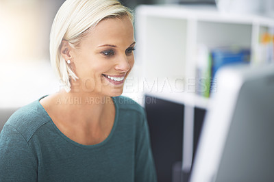 Buy stock photo Business woman, computer and happy for reading, review or thinking with email notification in office. Person, employee and smile for research, contact or information on web with pc at creative agency
