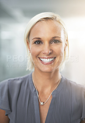 Buy stock photo Portrait, office and woman with smile, confidence and opportunity in HR consulting business career. Face, workplace and happy businesswoman with pride at human resources agency with light flare