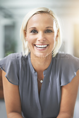 Buy stock photo Portrait, happiness and woman with smile, confidence and opportunity in HR consulting business career. Face, workplace and laughing businesswoman with pride at professional human resources agency