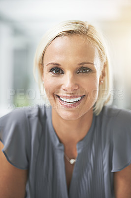 Buy stock photo Portrait, business and woman with smile, opportunity and confidence in professional HR consulting career. Face, workplace and happy businesswoman with pride at human resources agency with office job