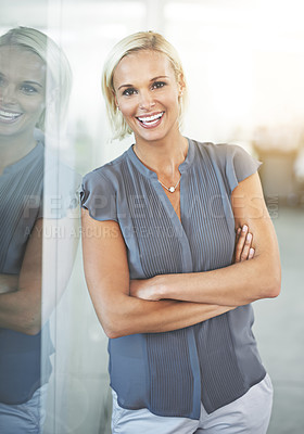 Buy stock photo Relax, smile and portrait of woman employee confident in working for a corporate company or business. Success, goals and professional mature person or worker arms crossed happy for development