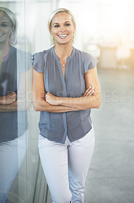 Buy stock photo Proud, smile and thinking business woman confident in working for a company or real estate agency office. Success, goals and professional or employee arms crossed happy for property development