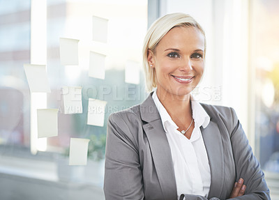Buy stock photo Confident, smile and portrait of woman accountant, employee or entrepreneur working for a corporate company or agency. Success, goals and professional person arms crossed happy for job development