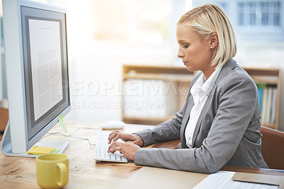 Buy stock photo Lawyer, woman and typing in office with computer for legal services with thinking, knowledge and ideas. Attorney, advocate and person with pc for review, feedback and decision with digital document