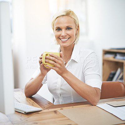 Buy stock photo Business woman, computer and portrait with coffee, smile or pride with confidence in morning at modern office. Person, employee and happy by pc with drink, tea cup and start day at corporate company