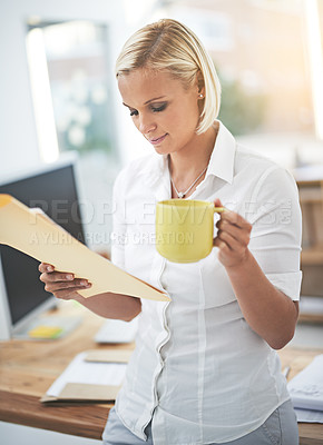 Buy stock photo Woman, reading and document with coffee in office to start morning with thinking, ideas and review at law firm. Attorney, lawyer or advocate with folder, paperwork and legal information with tea cup