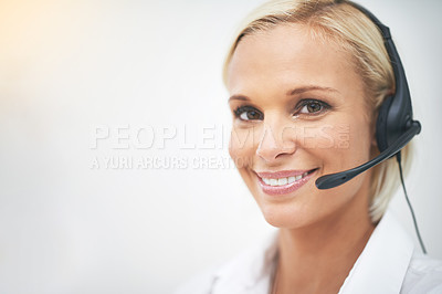 Buy stock photo Woman, happy and portrait in call center with mockup space for networking, telemarketing or crm job. Person, smile and headphone with mic for voip communication, customer service and tech support