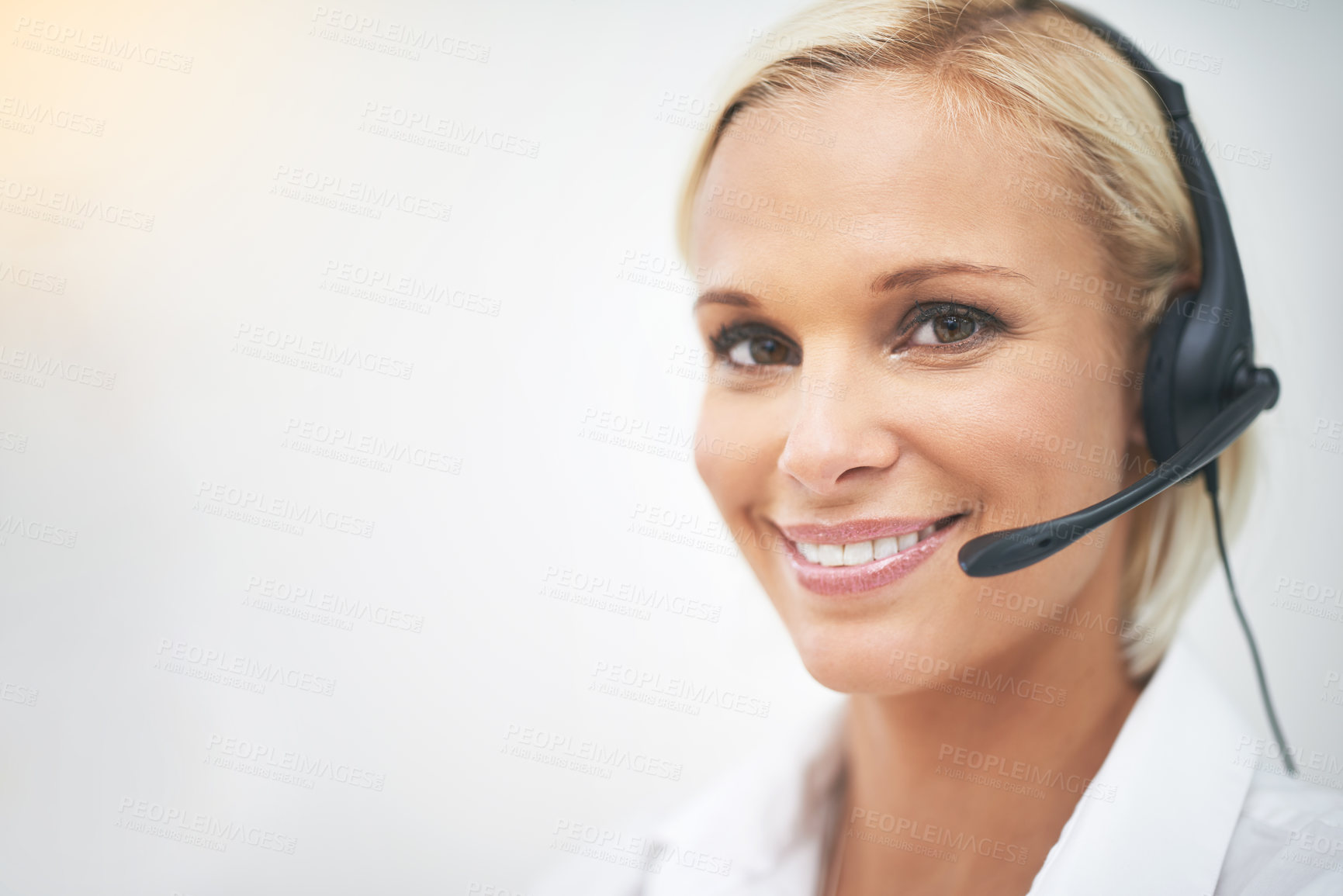 Buy stock photo Woman, happy and portrait in call center with mockup space for networking, telemarketing or crm job. Person, smile and headphone with mic for voip communication, customer service and tech support