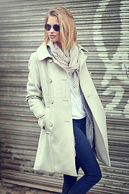 Buy stock photo Fashion, jacket and woman with glasses, city and outdoor in street of New York, road and winter. Cool, female person and stylish, confidence and warm with clothes on wall, pride and elegant as model