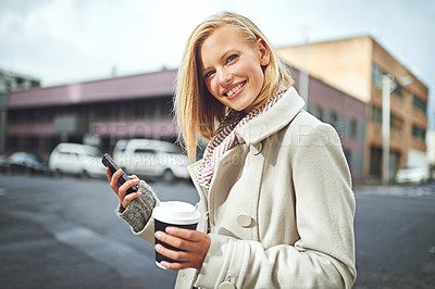 Buy stock photo Happy, phone and portrait of woman with coffee in city for commute, walking and journey in street. Travel, fashion and face of person with drink on cellphone for contact, connection and social media