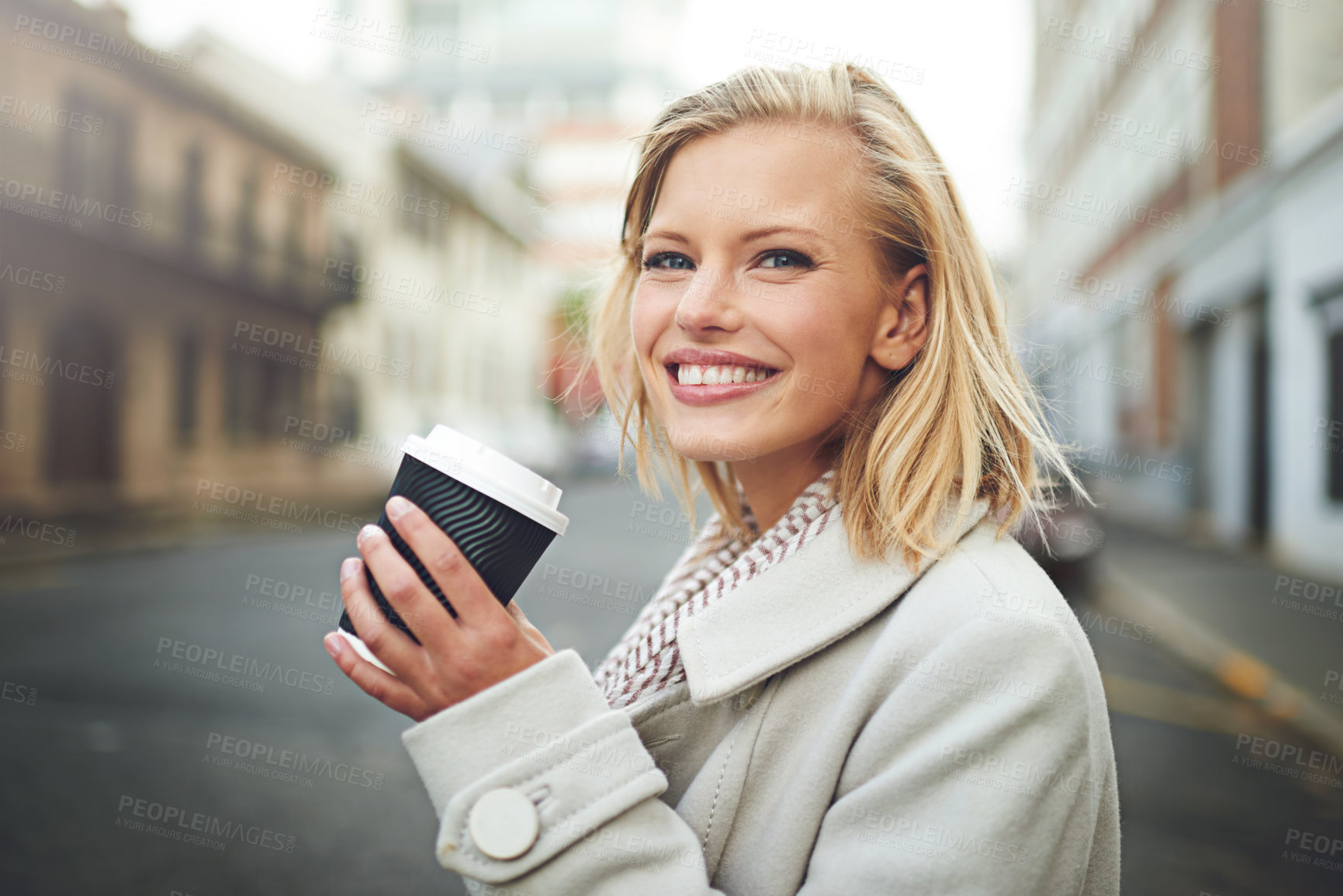Buy stock photo Happy, travel and face of woman with coffee in city for work commute, walking and journey in street. Business, fashion and person with beverage, drink and cappuccino for adventure in urban town