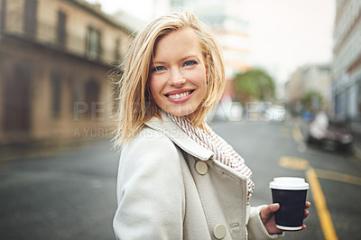 Buy stock photo Happy, city and portrait of woman with coffee for morning commute, walking and journey in street. Travel, fashion and face of person with beverage, drink and cappuccino for adventure in urban town