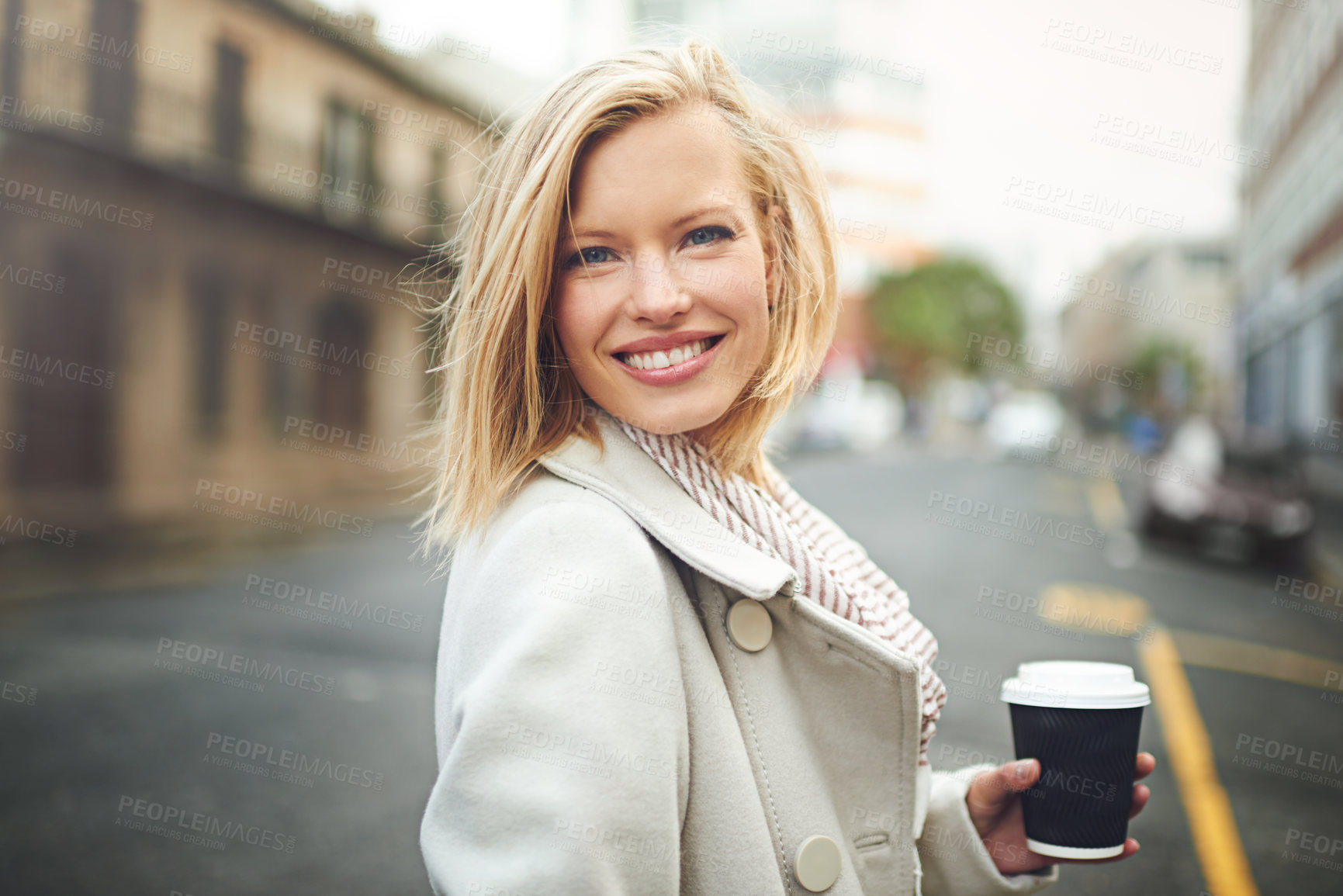Buy stock photo Happy, city and portrait of woman with coffee for morning commute, walking and journey in street. Travel, fashion and face of person with beverage, drink and cappuccino for adventure in urban town