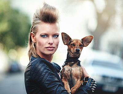 Buy stock photo Woman, portrait and punk fashion with pet, edgy and rock n roll for cool in funky clothes and care for chihuahua dog. London, person and face in leather jacket in town and love for domestic animal