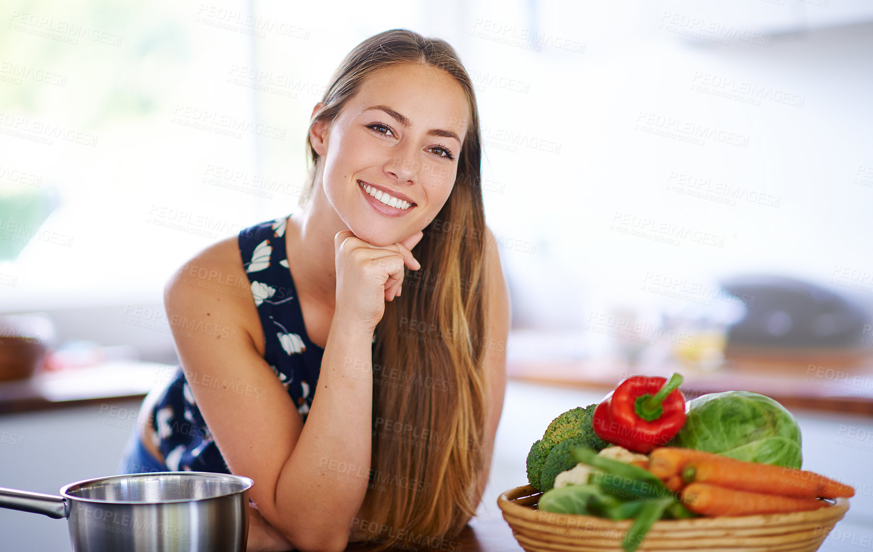 Buy stock photo Portrait, happy and woman with vegetables on kitchen counter for health, nutrition and wellness. Smile, nutritionist and groceries for diet, vegan and fresh produce in apartment for meal prep
