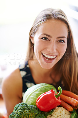 Buy stock photo Portrait, smile and woman with vegetables on kitchen counter for health, nutrition and wellness. Happy, female nutritionist and groceries for diet, vegan and meal prep in home apartment for detox 