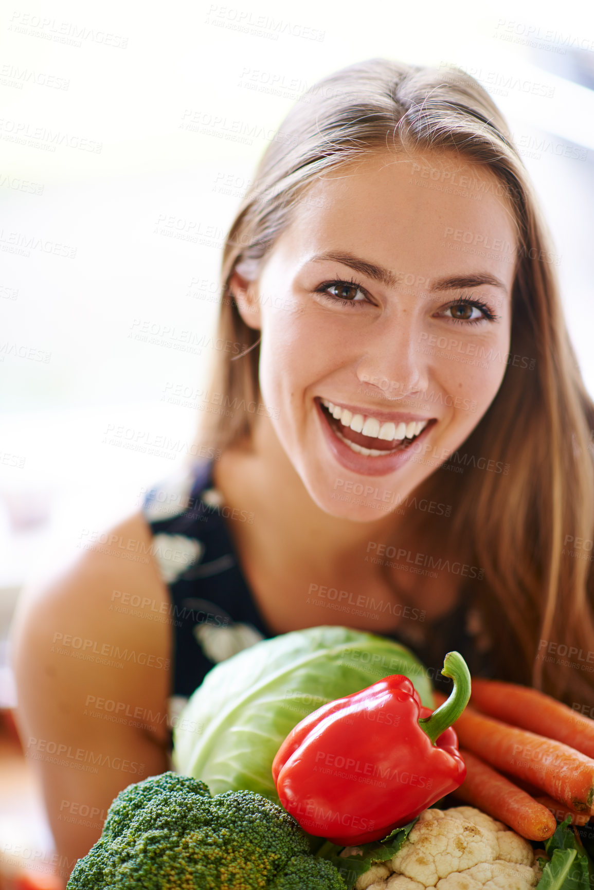 Buy stock photo Portrait, smile and woman with vegetables on kitchen counter for health, nutrition and wellness. Happy, female nutritionist and groceries for diet, vegan and meal prep in home apartment for detox 