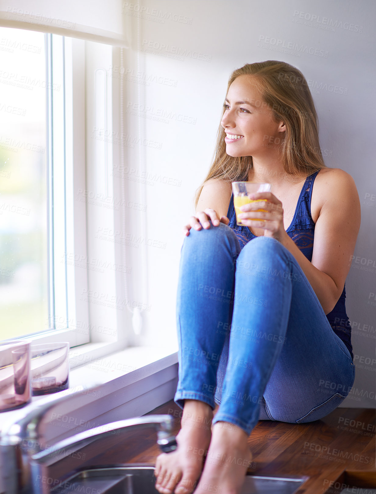 Buy stock photo Window, thinking and woman with juice at home for hydration, vitamin C and nutrition benefits. House, kitchen and girl with orange beverage for drinking, relax and weekend ideas or plans with smile