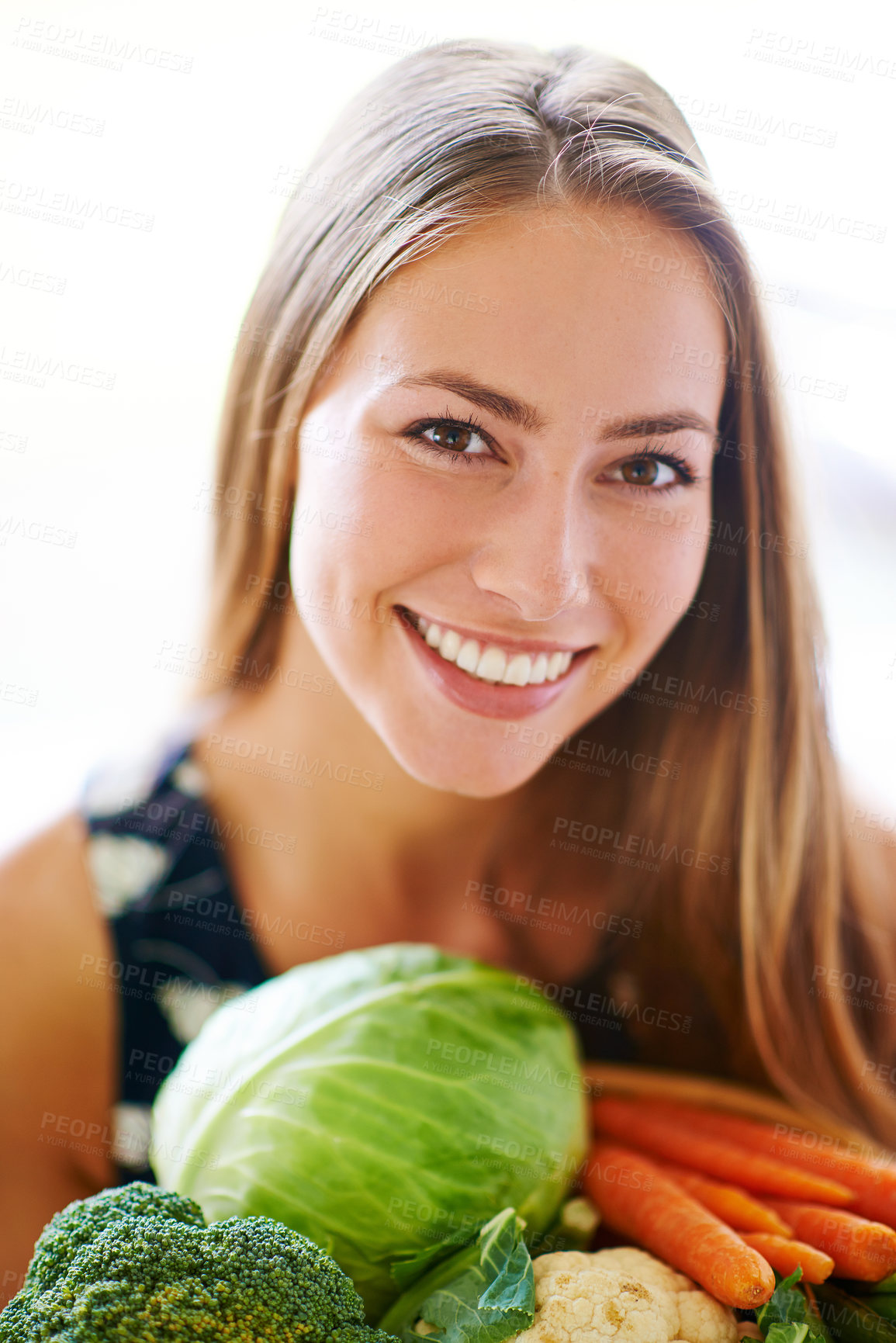 Buy stock photo Happy, portrait and woman with vegetables on kitchen counter for health, nutrition and wellness. Smile, nutritionist and groceries for diet, vegan and home in apartment for meal prep and cooking