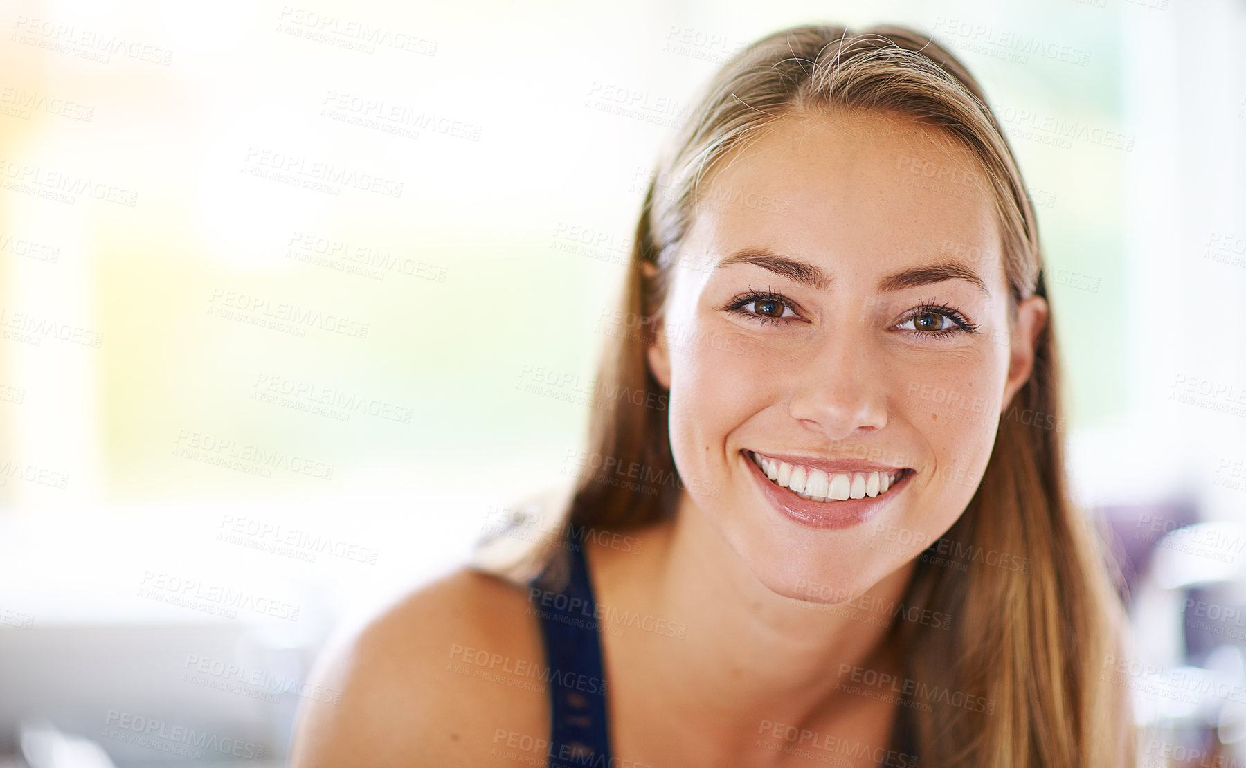 Buy stock photo Portrait, young and woman at house with smile to relax in living room as student for spring break on weekend. Happy, carefree and female person with confident comfort in campus dorm for calm peace