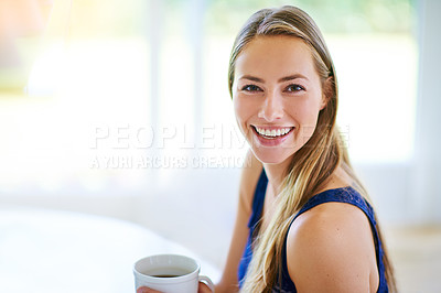 Buy stock photo House, portrait and girl with tea, smile and breakfast in morning, relax and calm with peace in lounge. Home, chill and beverage in cup, drink and break in weekend, enjoy and happiness in apartment