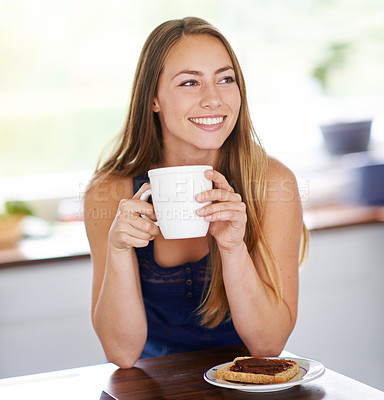 Buy stock photo House, kitchen counter and girl with coffee, breakfast and bread for eating, thinking and relax in weekend. Home, happy and woman with toast to enjoy, tea and calm in apartment, peace and break