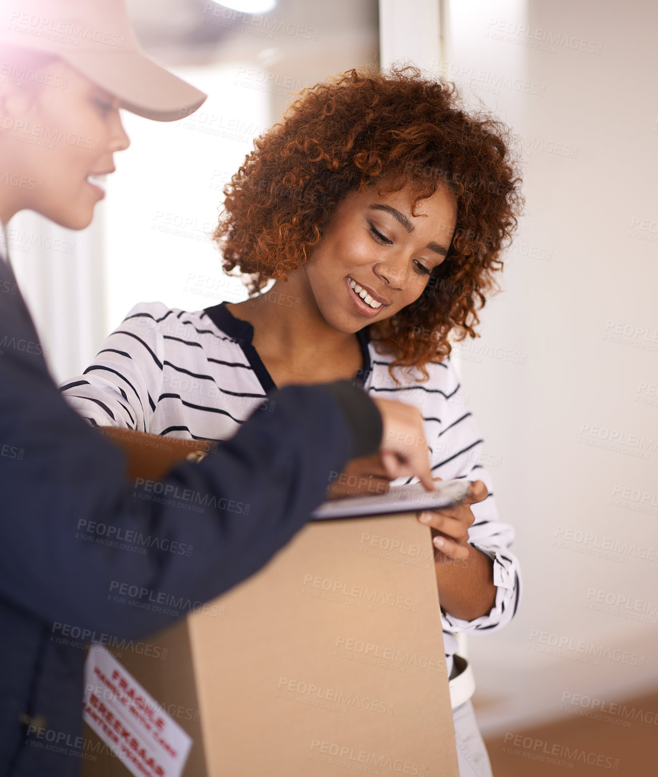 Buy stock photo Box, delivery and signature of woman with courier in home for ecommerce, distribution or shipping. Customer, online shopping and retail with person signing paper for product logistics or transport