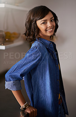Buy stock photo Portrait of a young woman at home