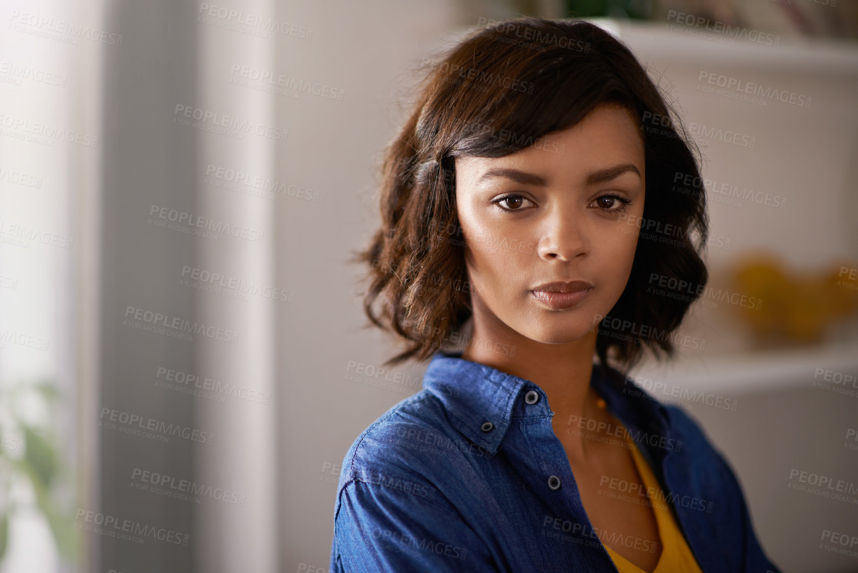 Buy stock photo Portrait of a young woman at home