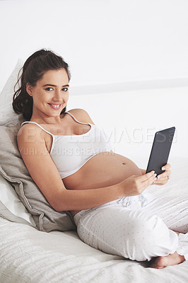 Buy stock photo Bed, home and portrait of pregnant woman with tablet for maternity website, future planning and blog. Happy, mother and relax with technology for social media, pregnancy update and internet search