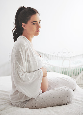 Buy stock photo Pregnant, woman or motherhood as hope, dream or maternity in bed as health, wellness in home. Pregnancy, mama or sitting to imagine, future or thinking of prenatal comfort idea or vision of peace