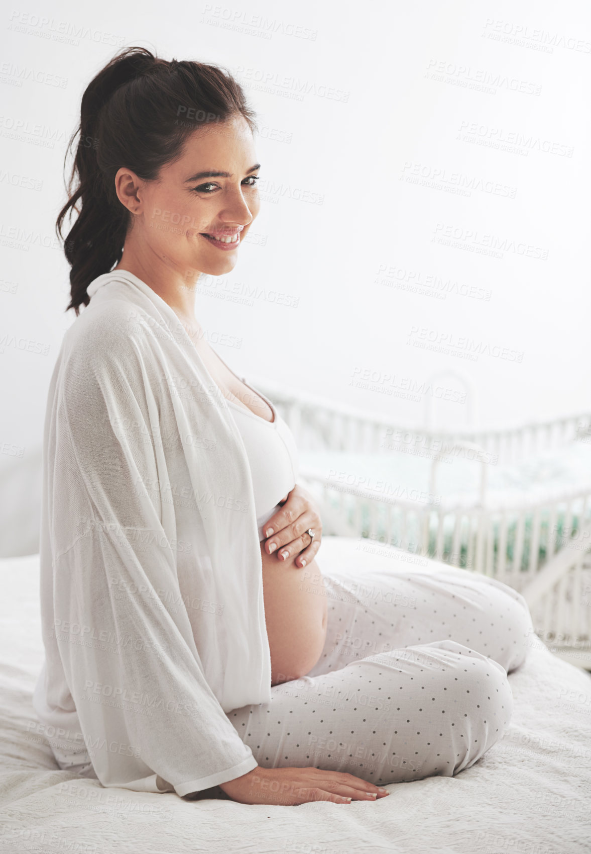 Buy stock photo Pregnant, woman or smile in bed, maternity or dream of health, wellness or vision of peace in home. Pregnancy, mama or thinking of rest to imagine, future or motherhood as idea of maternal comfort