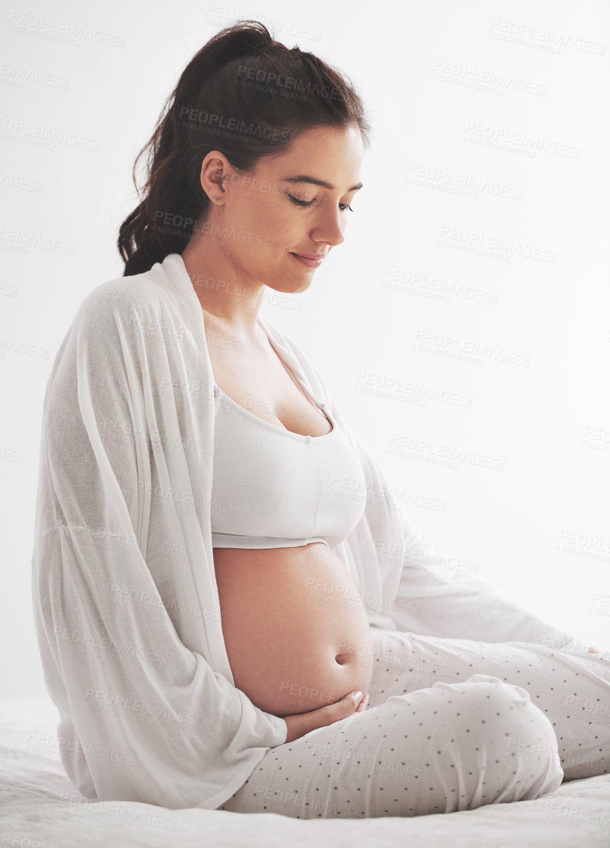 Buy stock photo Pregnant, mama or smile on maternity, bed or dream of health, wellness or idea of peace in home. Pregnancy, woman or thinking of rest to imagine, future or motherhood as vision of maternal comfort
