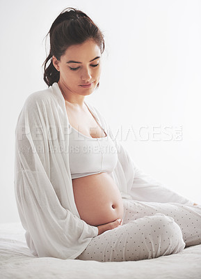 Buy stock photo Pregnant, woman or worry in bed, maternity or dream of health, wellness or vision of peace in home. Pregnancy, mama or thinking to rest, imagine or future of motherhood as idea of maternal comfort