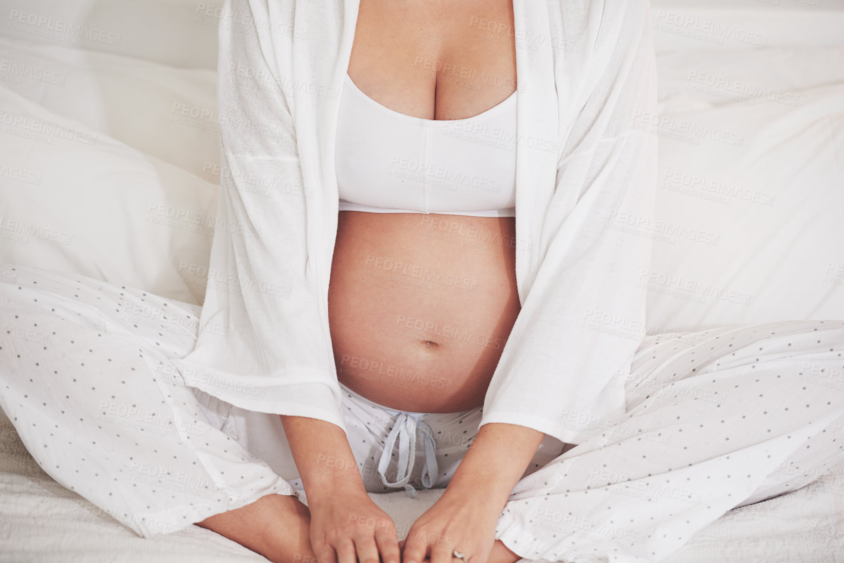 Buy stock photo Pregnant, mama or sitting in maternity, bed or thinking of health, wellness or peace in home. Pregnancy, woman or rest to hope, imagine or break of future, motherhood or idea of maternal comfort