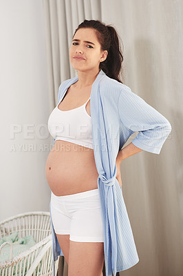 Buy stock photo Back pain, pregnancy and portrait of woman in bedroom by home with burnout, tired and fatigue for stress. Maternity, backache and pregnant person with muscle sprain for motherhood morning sickness.