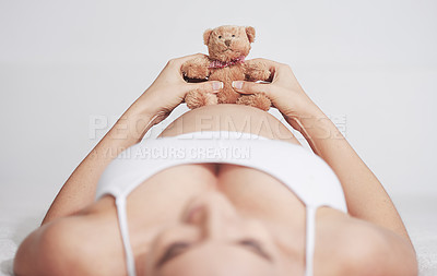 Buy stock photo Pregnant, woman or teddy bear in maternity, bed or hope of health, wellness or idea of peace in home. Pregnancy, mama or plush toy to imagine, future or motherhood as vision of prenatal comfort