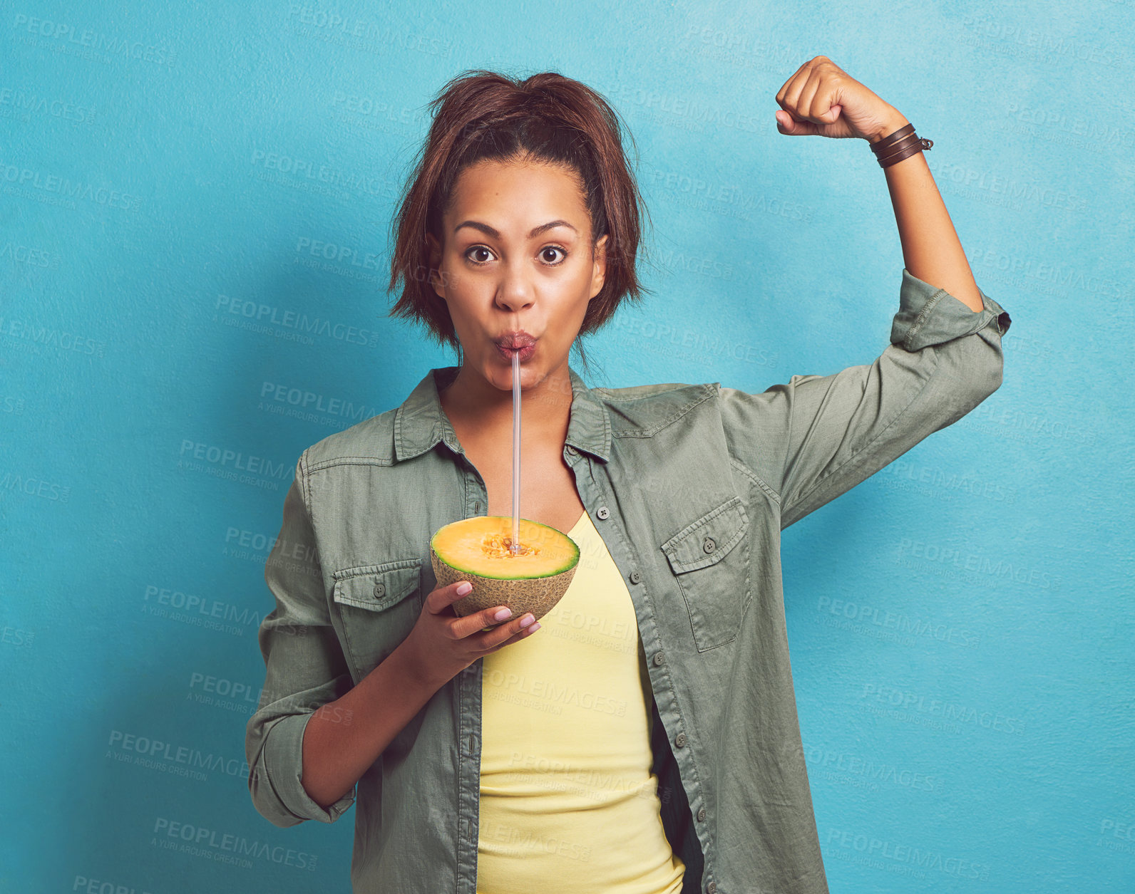 Buy stock photo Strong, muscle and portrait of woman with fruit, melon and smoothie for benefits to health. Food, nutrition and diet with protein, vitmain c or fiber for energy or tips for wellness from body builder