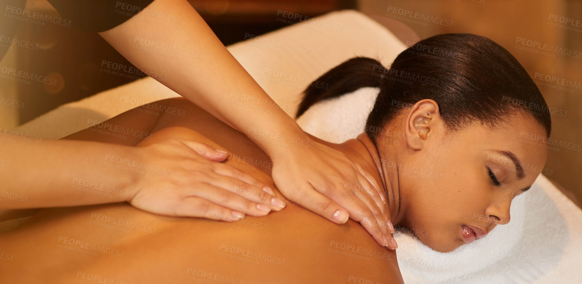 Buy stock photo Massage, neck and shoulders in spa with girl on table with peace, wellness and luxury treatment. Masseuse, hands and calm woman relax on holiday or vacation in hotel with cosmetic service and care