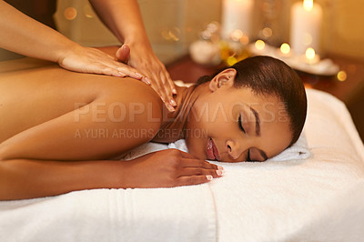 Buy stock photo Massage, girl and hands on shoulders in spa with peace, wellness and luxury treatment for zen. Masseuse, client and calm woman relax on holiday or vacation in hotel with cosmetic service and care