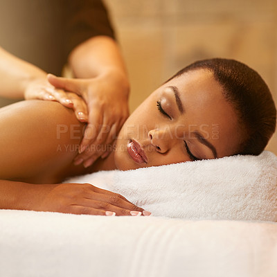 Buy stock photo Neck, massage and girl relax in spa on table with peace, wellness and luxury treatment. Masseuse, hands and calm woman rest on holiday or client on vacation in hotel with cosmetic service and care