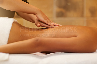 Buy stock photo Massage, back and hands on person in spa on table with peace, wellness and luxury treatment. Masseuse, client and relax on calm holiday or vacation in hotel with healthy cosmetic service and care