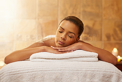 Buy stock photo Woman, back massage and salt for treatment at spa, wellness and beauty therapy for body scrub. Female person, calm and skincare or dermatology, exfoliate and relax at resort hotel and peace for glow